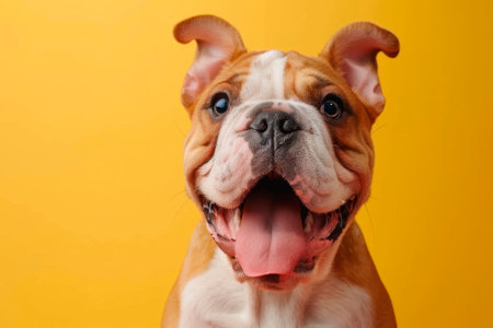 Funny English Bulldog on a yellow background. Close-up.の素材