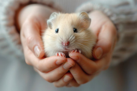 Hamster in the hands of a woman. Close-up.の素材