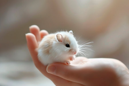 White hamster in the hands of a child on a light backgroundの素材