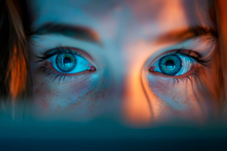 Close-up of a woman's blue eyes looking through the windowの素材