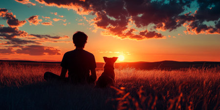 Silhouette of a man with a dog on a sunset backgroundの素材