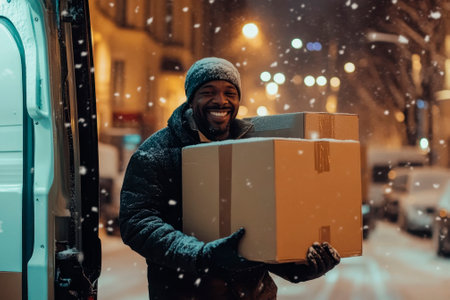 happy african american delivery man in winter clothes holding parcel boxの素材