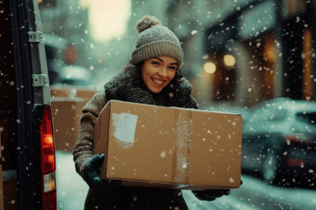 Smiling young woman in winter clothes opening a parcel box and looking out the window of a carの素材
