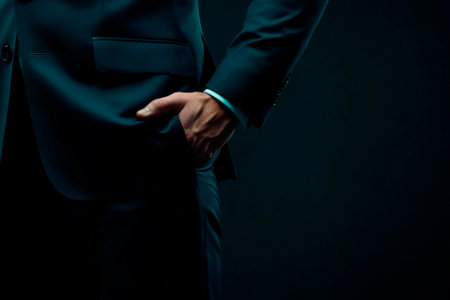 Businessman in black suit with hand in pocket on black background.の素材
