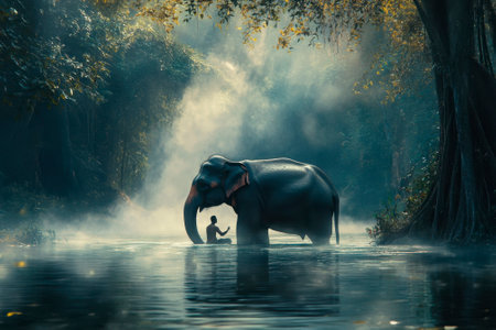 Elephants bathing in the river at sunset, Vintage tone.の素材