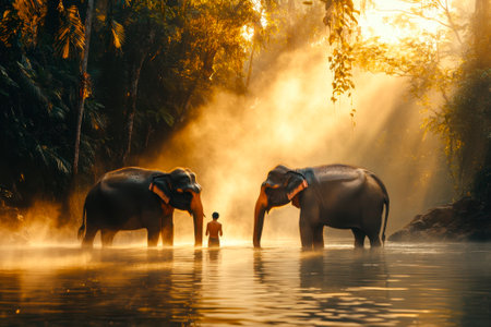 Elephants bathing in the river at sunset. Sri Lanka.の素材