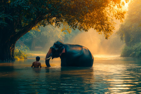 Asian elephants bathing in the river in the forest at sunsetの素材