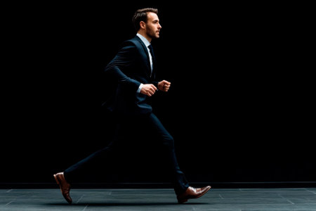 Full length portrait of a handsome young businessman running against black background.の素材