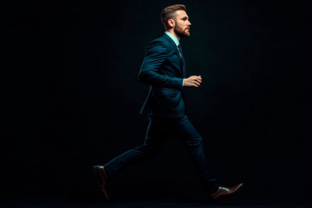 Full length portrait of a handsome young man in suit running isolated over black backgroundの素材