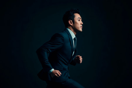 Portrait of a young asian business man running on dark backgroundの素材