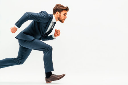 Full length portrait of a handsome young businessman running and looking away on white backgroundの素材