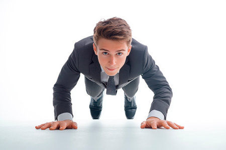 Young businessman doing push-ups on floor, isolated on white backgroundの素材
