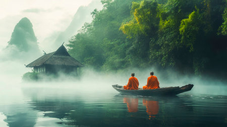 Buddhist monk in traditional boat on the river with foggy morningの素材