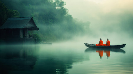 Buddhist monk on boat in the misty morning at the lake.の素材
