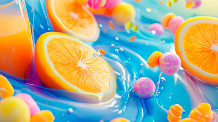 Orange and grapefruit juice splashing in blue water with bubbles and fruitsの素材