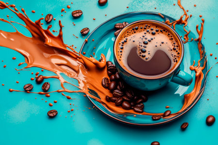 Cup of coffee with coffee beans and splash on blue background.の素材