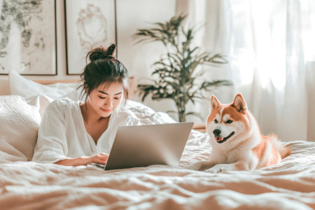 Beautiful asian woman working on laptop computer while sitting on bed at homeの素材