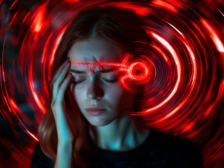 Portrait of a young woman in a dark room with red lights.の素材