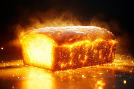 Sliced loaf of bread on a dark background with light and smokeの素材