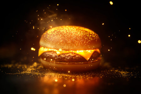 Hamburger with golden sparkles on dark background. Fast food conceptの素材