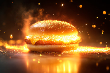 Hamburger on a dark background with golden lights and sparklesの素材