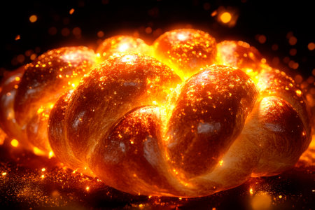Baked bread with golden glitters on a black background. Toned.の素材