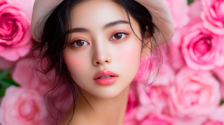 beautiful asian woman with rose flower background, asian beautyの素材