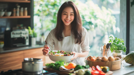 Beautiful asian woman is preparing healthy food in the kitchen.の素材