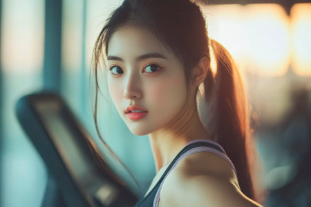 beautiful asian woman portrait in fitness gym, asia girlの素材