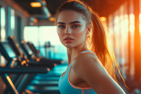 Portrait of a beautiful young woman in sportswear at the gymの素材