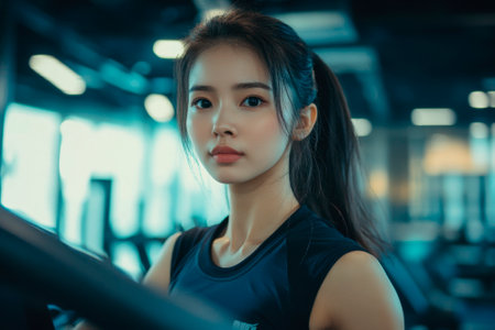 portrait of young asian woman running on treadmill in fitness gymの素材