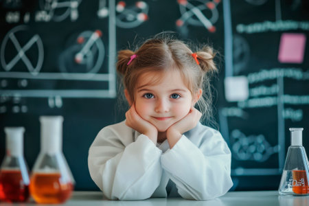 Cute little girl doing experiments in chemistry class. Educational concept.の素材