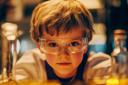 Portrait of little boy in science class. He is looking at camera.の素材