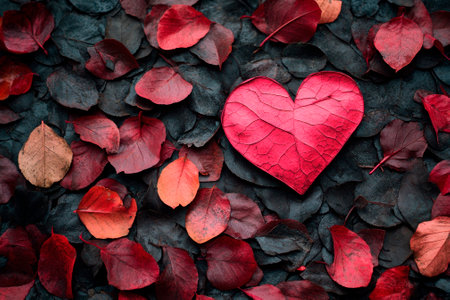 Red heart on autumn leaves background. Valentines day love concept.の素材