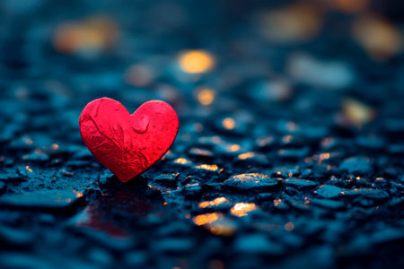 Red heart on wet asphalt. Valentine's day background. Love concept.の素材