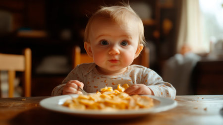 Cute baby girl sitting at the table and eating potato chips.の素材
