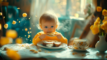 Cute little baby girl having breakfast with cup of coffee and cake.の素材