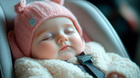 Cute newborn baby girl sleeping in a car seat, close upの素材