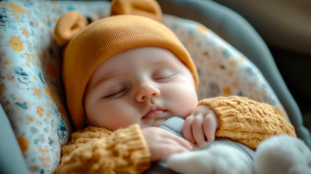 Sleeping newborn baby boy wearing a yellow hat and a yellow sweaterの素材