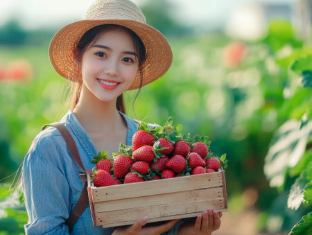 Beautiful asian woman farmer holding fresh strawberries in the field.の素材