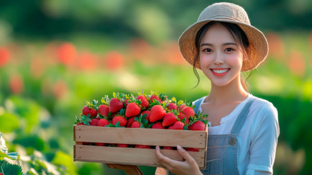 Portrait of beautiful young asian woman picking strawberry in the fieldの素材