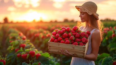 Beautiful young woman picking strawberries in a field on a sunny summer dayの素材