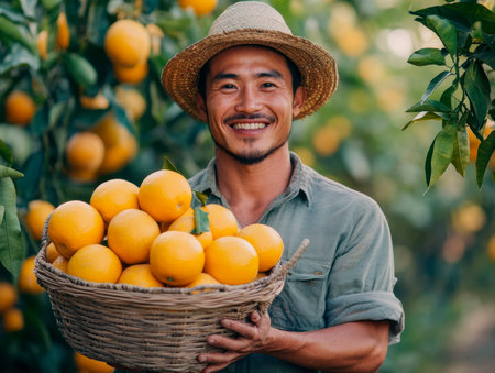 Portrait of a smiling Vietnamese farmer holding a basket full of orangesの素材
