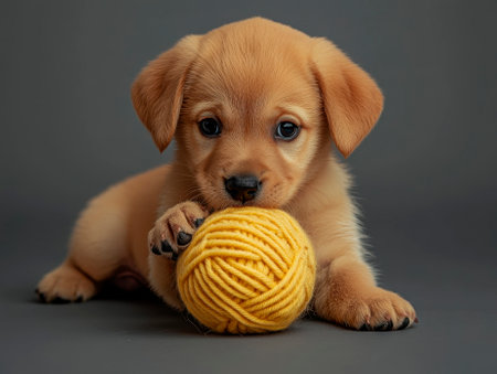 Cute puppy with a ball of yarn on a gray background.の素材