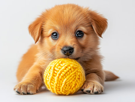 Puppy playing with a ball of yarn on a white backgroundの素材
