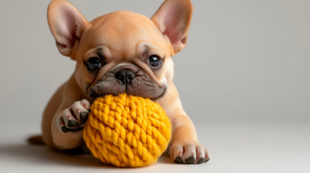french bulldog puppy playing with a yarn ball on white backgroundの素材