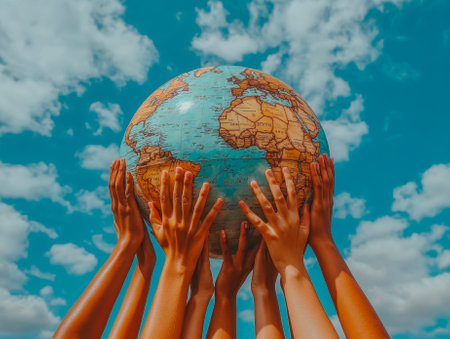 Group of hands holding a globe on the background of blue sky.の素材
