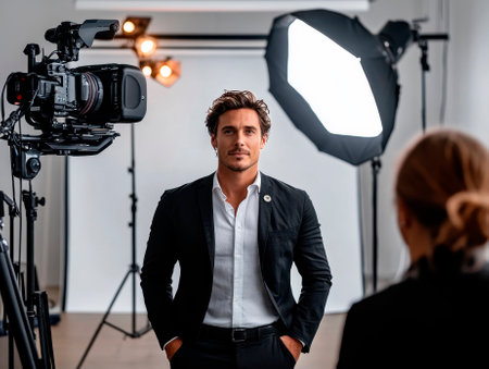 selective focus of handsome man in suit looking at camera in photo studioの素材