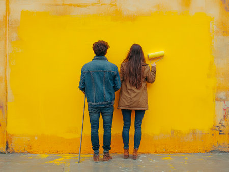 Back view of young couple painting wall with paint roller. They are standing near yellow wallの素材