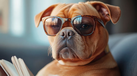 French bulldog reading a book on the beach and wearing sunglasses.の素材